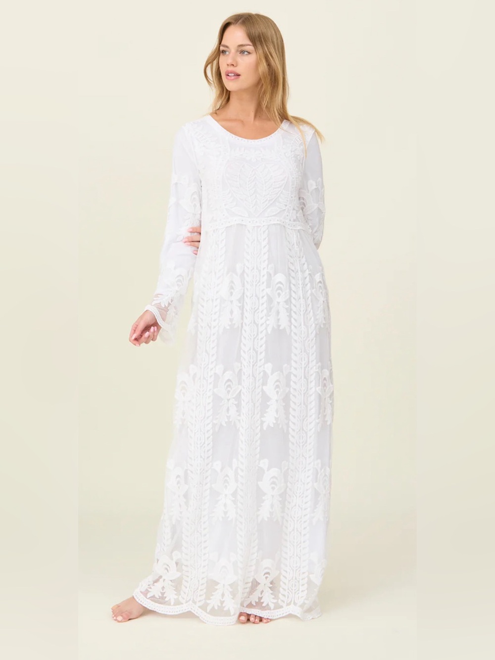The White Lacie White Temple Boho Embroidered Sheer Maxi Wedding Dress XS